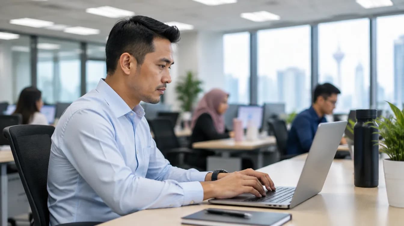 Pegawai kewangan menyemak kadar pembiayaan di komputer riba